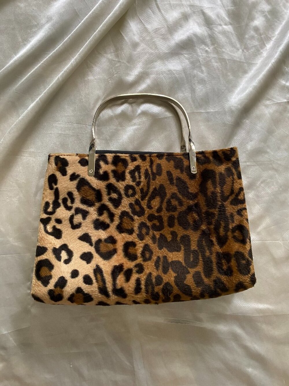 Vintage 1990s Leopard & Metal Top Handle Purse Faux Fur Boho Minimalist
